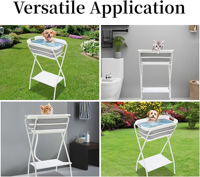 2 in 1 Dog Bathtub Small Pet Bathtub with Stand, Foldable Pet Bath with Drainage Tube, Portable Dog Washing Station for Small Dogs Cats, Indoor & Outdoor, 110.23lbs Load, 26'' L×16.5‘’ W×38.8'' H
