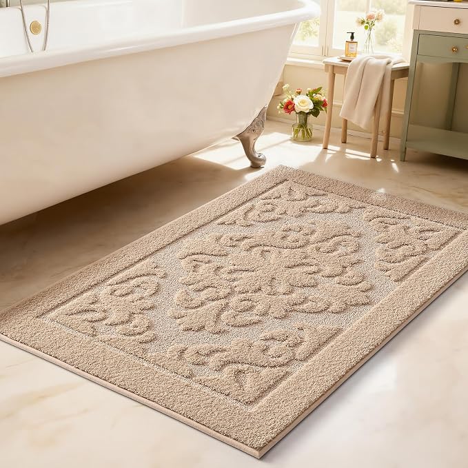LUMI Ultra Absorbent Bathroom Rug Non Slip Rubber Backing, Machine Washable Bath Mat Soft Premium Microfiber, Elegant Floral Bath Rugs Quick Dry for Bathtub and Shower Floor, Decor, 24x43