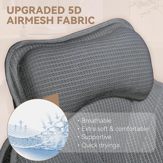 Bath Pillows for Tub, Luxury Bathtub Pillow Neck, Head, Back Support, Soft 5D Mesh Fabric and Non-Slip Suction Cups & Quick Dry, Fits All Tubs, Bath Soaking Accessories Spa Gifts, Grey