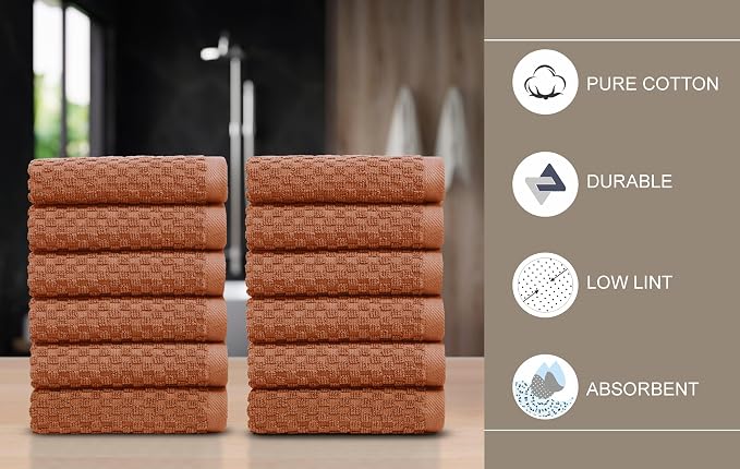 COTTON CRAFT Waffle Weave Wash Cloth - 12 Pack Luxurious Pure Ringspun Cotton Euro Spa Bathroom Face Towel - Absorbent Quick Dry Gym Shower Bath Kitchen Travel - 12x12 inches - Mocha