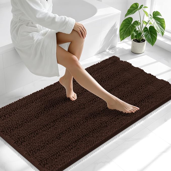 Smiry Thick Chenille Bathroom Runner Rugs 47x24, Extra Absorbent Striped Bath Mat, Machine Washable, Rubber Backing, Long Bath Rugs for Tub & Shower, Modern Home Decor Accessories, Brown