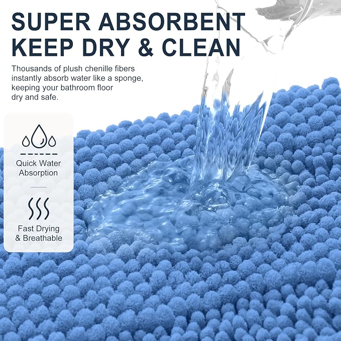 Smiry Thick Chenille Toilet Rugs U-Shaped 24x20, Extra Soft Absorbent Striped Contour Bathroom Rugs, Machine Washable, Dry Quickly, Bath Mat, Cornflower Blue