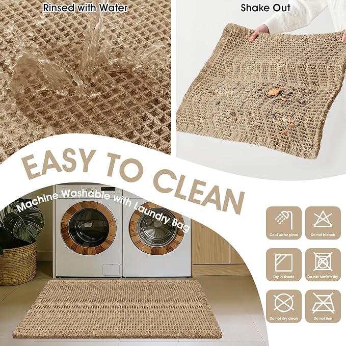 Upgraded Waffle Bath Mat, 32"x20" Beige-Herringbone, Super Absorbent Non-Slip Quick Dry Bathroom Rugs with Tassels, Machine Washable Ultra Soft Boho Bath Rugs, Toilet Mats Boho Farmhouse Decor
