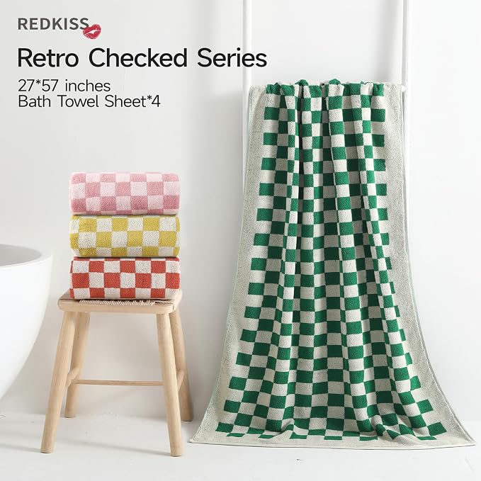 REDKISS Checkered Bath Towels Set - 4 Piece Large Shower Towels for Bathroom Decoration, Highly Absorbent Cotton Bath Towel of 4, Cute Checkered Shower Retro Towel for Bathroom, Multicolored