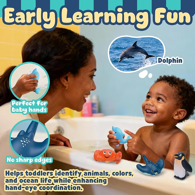 6-Pcs Ocean Animal Bath Toys for Toddlers 6M+, No Hole Mold Free Bathtub Toys, Whale Shark Dolphin Penguin Sea Animal Set for Baby Bath Time or Pool Water Play