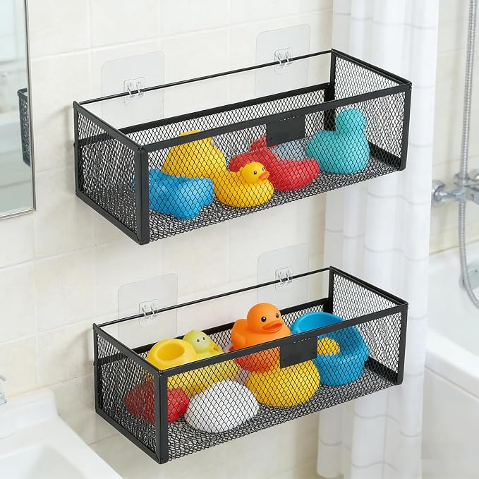 Bath Toy Storage,2 Pack Iron Mesh Bathtub Organizer for Shower Bathroom, Wall Mounted Shower Holder with Drainage, Space Saving Rust Resistant Bathtub Storage Basket for Kids Toddlers Bathroom