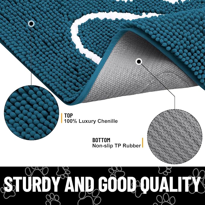 Smiry Dog Door Mat for Muddy Paws, Absorbent Dirt Trapper Non Slip Quick Dry Washable Chenille Mat for Mud Dogs, Entry Rug for Indoor and Outdoor (47x32 Inches, Atlantic Blue and White)
