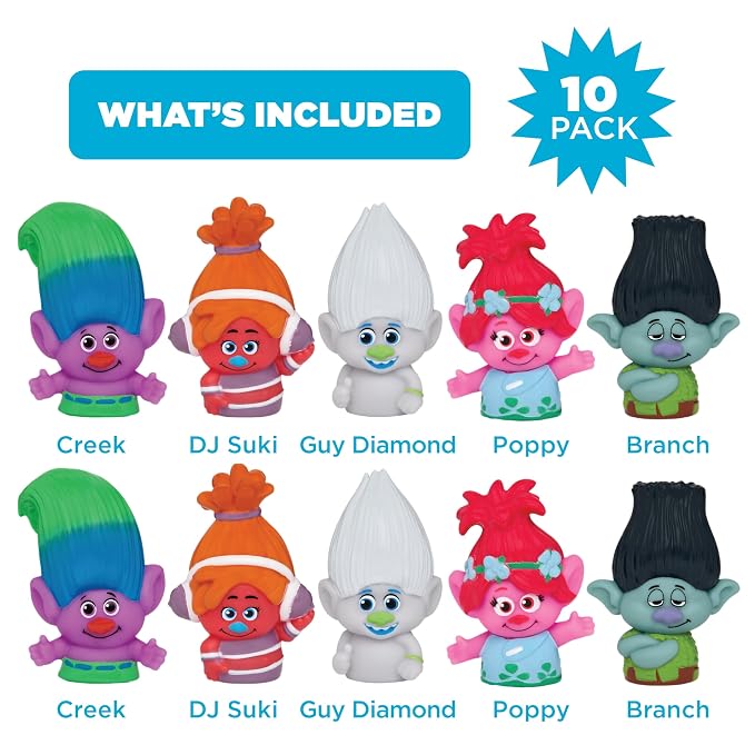 NBC Universal Trolls Bath Finger Puppets, 10 Pc - Party Favors, Educational, Bath Toys, Story Time, Beach Toys, Playtime, Stocking Stuffer