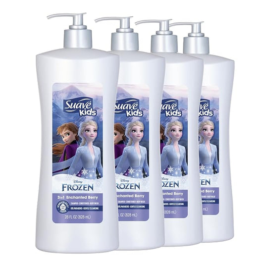 Suave Kids 3 in 1 Enchanted Berry Shampoo, Conditioner, & Body Wash,Dermatologist Tested and Tear-free 28 Oz, (Pack of 4) Packaging may vary
