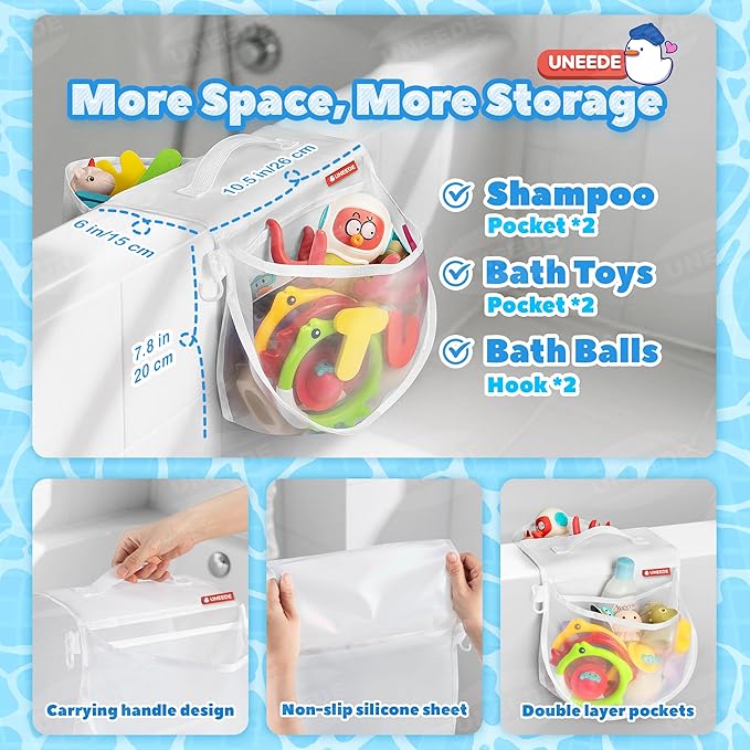 UNEEDE 2-Compartment Mesh Bath Toy Organizer, Easy Access for Children & Parents, Durable 2-Pocket Bath Toys Storage Without Suction Cups,Quick Dry Shower Storage Net to Declutter Bath Time Mess