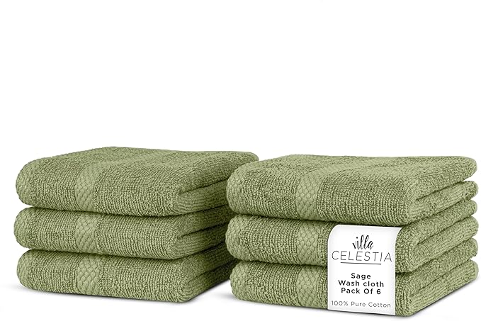 Cotton Washcloths Set of 6, 12x12 Inch, 100% Ring-Spun Combed Cotton, Soft Absorbent Quick-Dry Wash Cloths for Face and Body, Oeko-TEX Certified, Hotel & Spa Quality, Sage