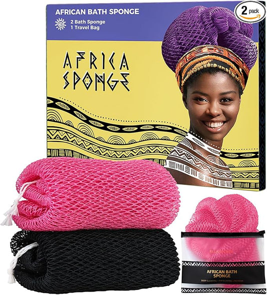 African Net Sponge Authentic - 2 Pieces Exfoliating Body Scrubber Bath Sponge - Back Scrubber Washcloth for Shower - Real African Scrub Exfoliator Body Care Bathing Accessories for Women