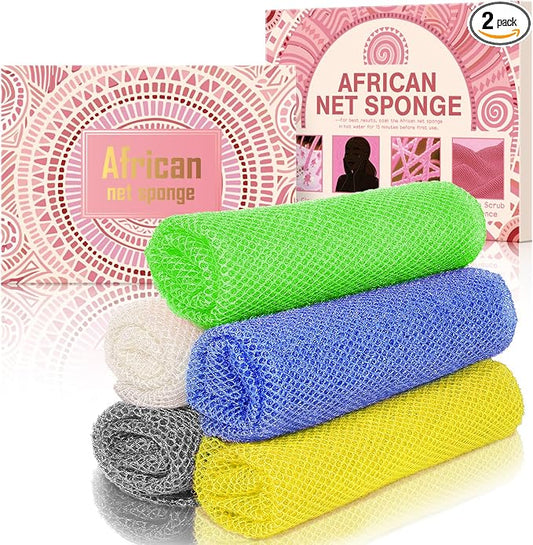 5 Pieces African Net Sponge – Deep Exfoliating Mesh for Radiant Skin – Stretchable, Quick-Dry & Easy to Store (Yellow, Blue, Green, Gray, White)
