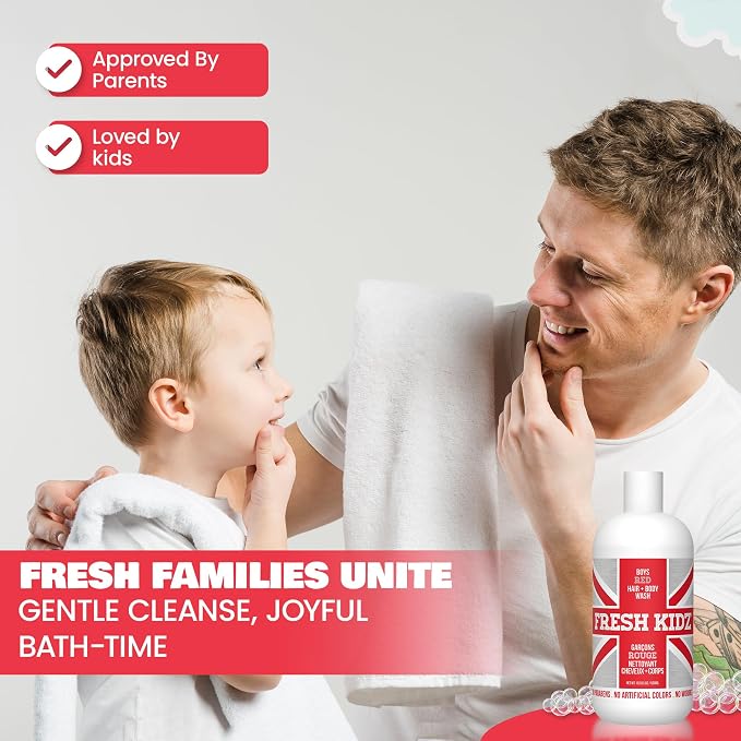 Fresh Kidz Boys Red Body Wash & Shampoo, 16.9 fl oz – Aluminum & Baking Soda Free Kids Body Wash for Boys, Teens & Tweens, Gentle Daily Cleanser for Sensitive Skin, Fresh Woody Musk Scent