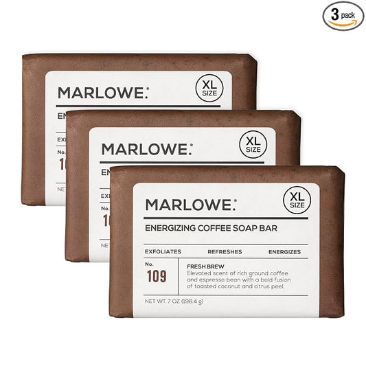 MARLOWE. Coffee Bar Soap, Exfoliating Body Scrub for Men, 7 oz (3 Bars) | Energizing Coffee Bar exfoliates and refreshes for smooth, clean, refreshed skin. Fresh Brewed scent.