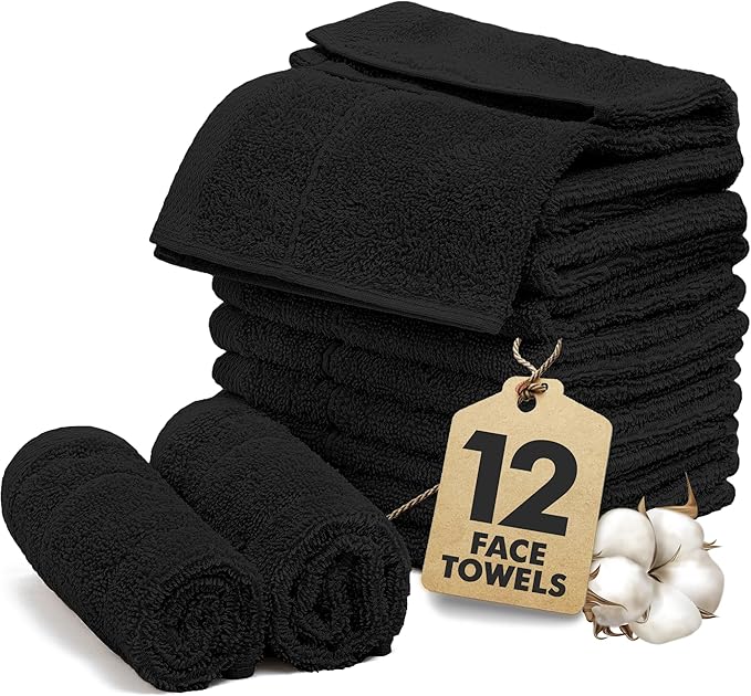 Face Towels Pack of 12 – 100% Cotton Wash Cloths (12x12 inch) – 550 GSM Soft, Quick Dry & Highly Absorbent Ring Spun Cotton Towels for Bathroom, Spa, Gym, Kitchen and for Daily Use - (Black)