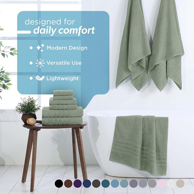 Martex Ultimate Performance 6-Piece Towel Set, Sage | 100% Cotton, Supersoft & Absorbent, Low-Linting, Easy Care, Versatile, 2 Bath Towels, 2 Hand Towels, 2 Wash Cloths