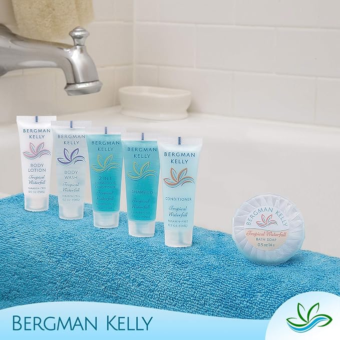 Luxury Travel Size Round Soap Bulk, Tropical Waterfall, 0.5 oz, 100 PK | Bergman Kelly Guest Size: Individually wrapped 1.9" diameter bars. Rich lather, ideal for Airbnbs, travel, and care packages.