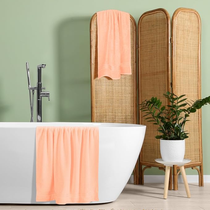 Belizzi Home Cotton 2 Pack Oversized Bath Towel Set 28x55 inches, Large Bath Towels, Ultra Absorbant Compact Quickdry & Lightweight Towel, Ideal for Gym Travel Camp Pool - Peach
