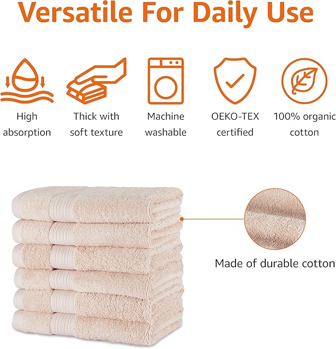 Amazon Basics Fade-Resistant 100% Cotton Hand Towel, 16"x26", Blush Pink, 6-Pack