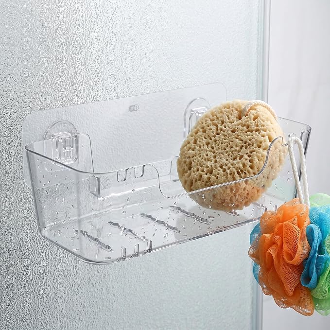 Wakauto 4 Pack Clear Bath Toy Organizer & Shower Caddy Set, Adhesive Bathtub Storage Basket for Kids Baby Toys, Acrylic Bathroom Wall Holder Bin (1 Large & 1 Small Organizer, 2 Soap Dishes)