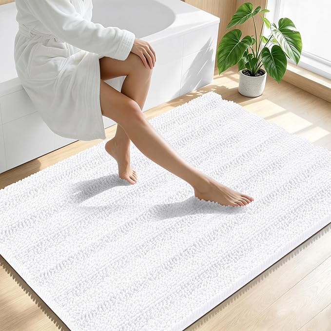 Smiry Thick Chenille Large Bathroom Rugs 44x32, Extra Soft Absorbent Striped Bath Mat, Machine Washable, Rubber Backing, Bath Rugs for Bathroom, Tub & Shower, Home Decor Accessories, White