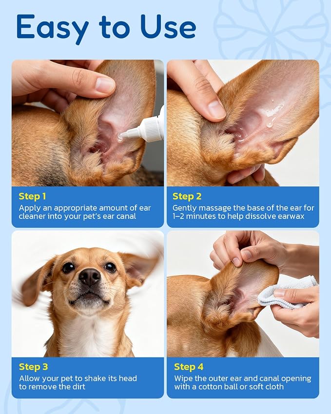 Ear Cleaner for Dogs & Cats - Gentle Ear Cleaning Solution with Natural Non-Irritating Formula for Sensitive Ear Care, Removes Built-up Wax, Discharge, Dirt & Debris - 8 OZ
