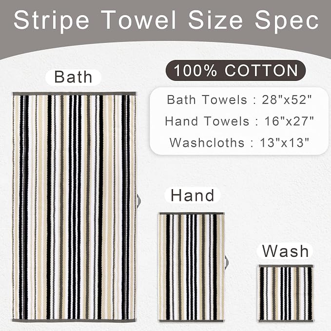 VOOVA & MOVAS Black & Gray Striped 100% Cotton Hand Towels (Set of 4, 16x27 Inches) - Quick Dry Highly Absorbent Soft Lightweight Luxury Towels for Bathroom, Shower, Guest Room Set