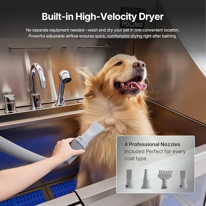 POLIMO Dog Washing Station with Built-in Pet Dryer and LED Display 61" (Right Ramp), 304 Stainless Steel Dog Bathtub for Large Medium Small Dogs, Wash and Dry Grooming Tub with Faucet, Storage Drawer