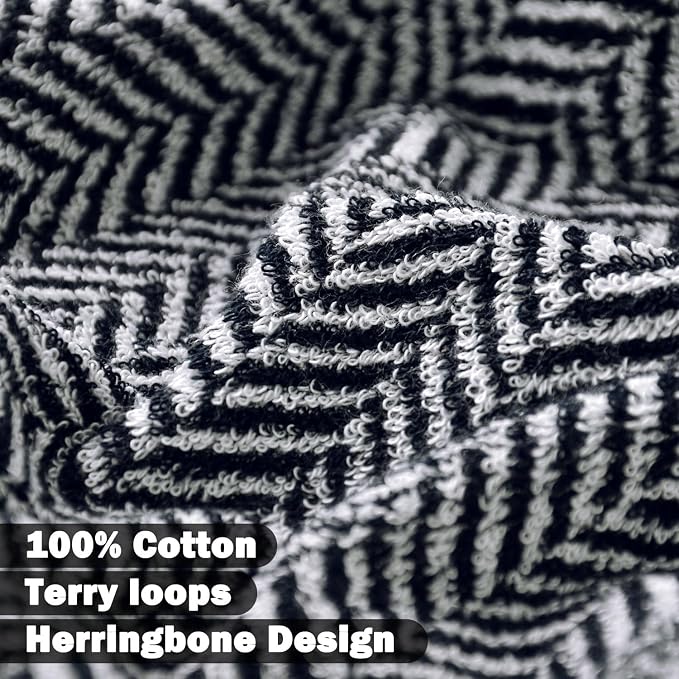 Cleanbear Black Hand Towels for Bathroom, 2 Pack Cotton Hand Towels with Herringbone Stripes, Soft Absorbent Quick-Dry, 14 x 29 Inches, Decorative Vintage for Bathroom & Kitchen