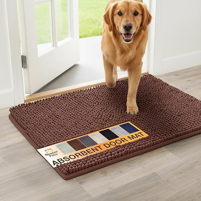 Neater Pets Muddy Paws Dog Door Mat 36” x 24” – Super Absorbent & Quick-Dry Chenille Doormat for Trapping Dirt, Water, Mud - Non-Slip & Machine Washable Pet Rugs for Entryway, Indoor Mud Mats, Brown