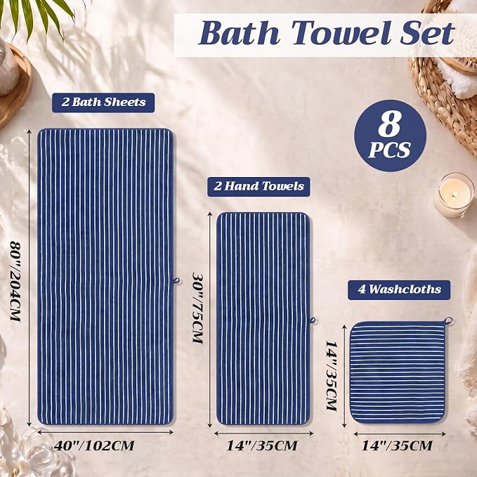 8 Pcs Oversized Bath Towels Set for Adults 40 x 80 Inches Extra Large Blue & White Striped Beach Towels Sheets Pool Shower Quick Jumbo Dry Absorbent Soft Microfiber for Hotel Bathroom