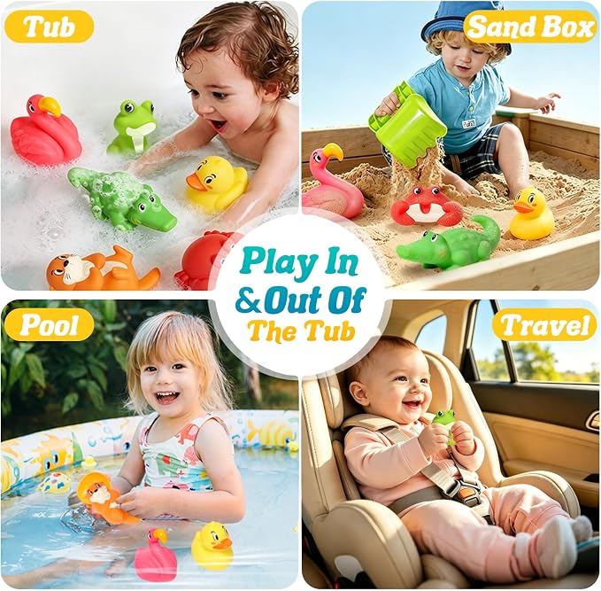 Mold Free Bath Toys for Kids Ages 1-3, 6Pcs No Hole River Baby Bath Toys Design Keeps Moisture Out, Toddler Learn Crab Ducks Animal with Soft Squeeze Bathtub Toys, Pool Toy