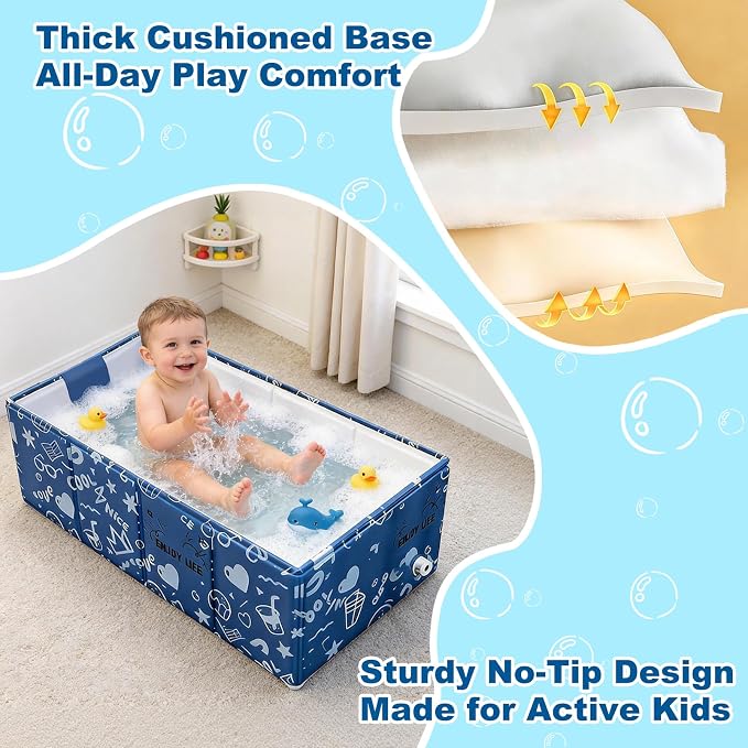 Baby Bathtub, 5-Layer Anti-Tear Foldable Toddler Bath Tub with Padded Bottom Drain Plug, Portable Collapsible Baby Bath for Travel, Shower, Sink, Indoor & Outdoor, 6 Months to 5 Years
