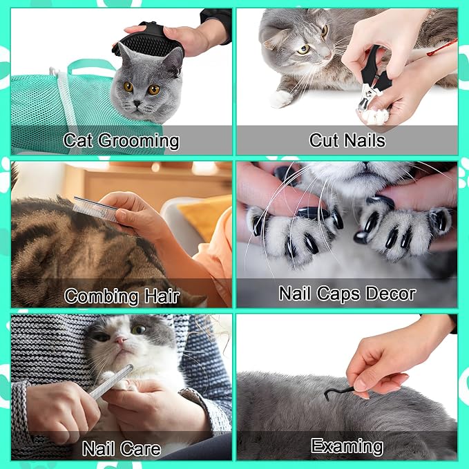 JULMELON Cat Bathing Bag Kit Adjustable Mesh Cat Washing Bag with Nail Clippers Nail File Brush Comb Tick Remover Tool Pet Grooming Bag for Cats and Small Dogs