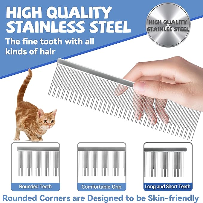 Professional 6 In Dual Tooth Pet Grooming Comb for Short-Haired Cats and Dogs, Metal Dematting Tool for Tangles, Knots, Undercoat and Excess Hair, Rounded Corners for Safe Deshedding and Detangling