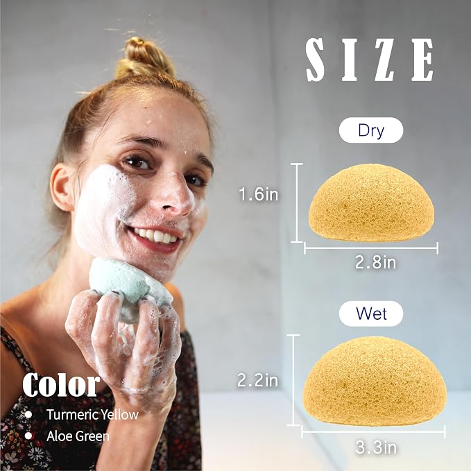 myHomeBody Natural Konjac Facial Sponges, Turmeric Yellow & Sage Green | Natural Konjac Sponge, Charcoal Face Sponge, Gentle Face Cleansing, Facial Exfoliation, With Turmeric and Aloe Vera