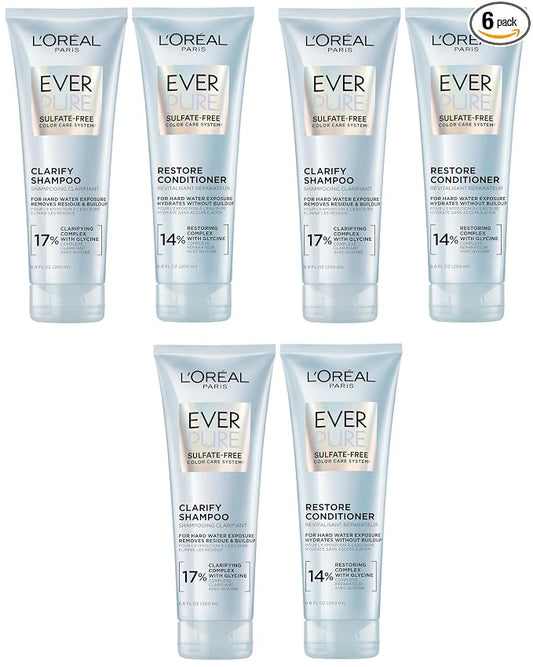 L'Oreal Paris Clarify and Restore Sulfate Free Shampoo and Conditioner Set with Antioxidants for Hard Water Exposure-and Styling Build-up,EverPure,1 Hair Care Kit,(Pack of 6)