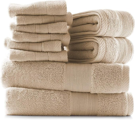 Hearth & Harbor Bath Towels for Bathroom - 100% Ring Spun Cotton Luxury Bathroom Towels - Ultra Soft & Highly Absorbent, Bath Towels Set of 10 - Beige Cream