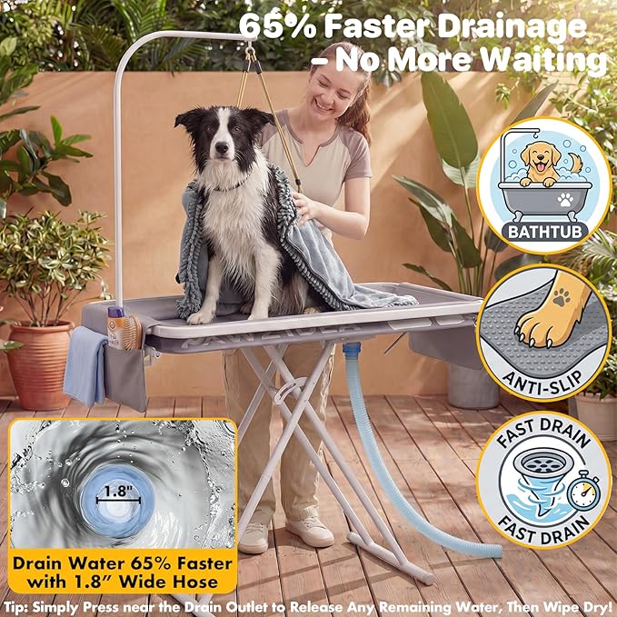 PAWZIDEA 2-in-1 Portable Dog Bathtub & Grooming Table for Medium to Large Dogs up 150lb, 43" Foldable Dog Washing Station, 5-Height Adjustable Elevated Pet Shower Bath, 1.8" Fast Drain, Indoor Outdoor