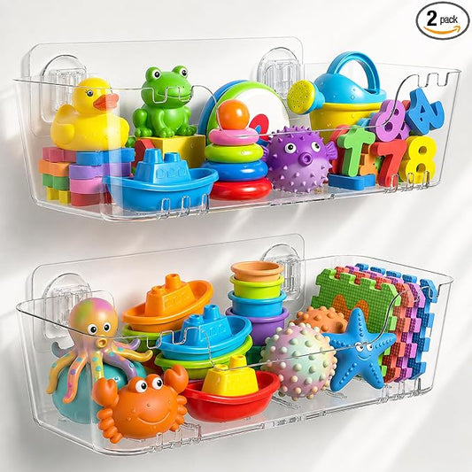 Bath Toy Storage Organizer, 2 Pack Bath Toy Holder with Drain Holes | Quick Dry Toy Shower Caddy, Mold-Resistant Wall Mount No Drill, Large Plastic Bath Toy Organizer with Drain Holes, Easy-Clean