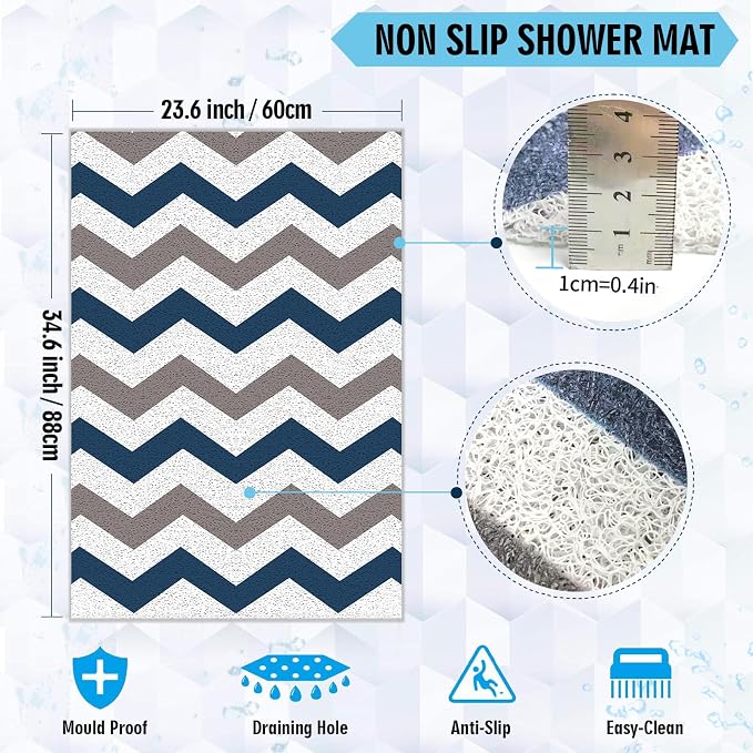 godehone Shower Mats Non Slip Without Suction Cups, PVC Loofah Bathroom Mats, Loofah Mats for Shower and Bathroom, Quick Drying, 23.6× 34.6 Inch, Blue Geometric