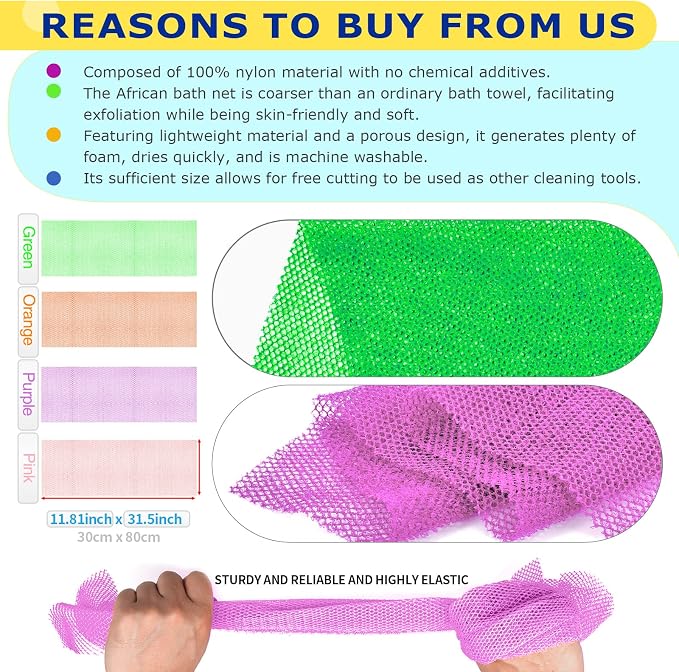 4 Pieces African Net Sponge for Deep Exfoliation – African Net Sponge Authentic, Exfoliating Washcloth, Quick-Drying African Net for Smooth & Glowing Skin(Purple, Pink, Green, Orange)