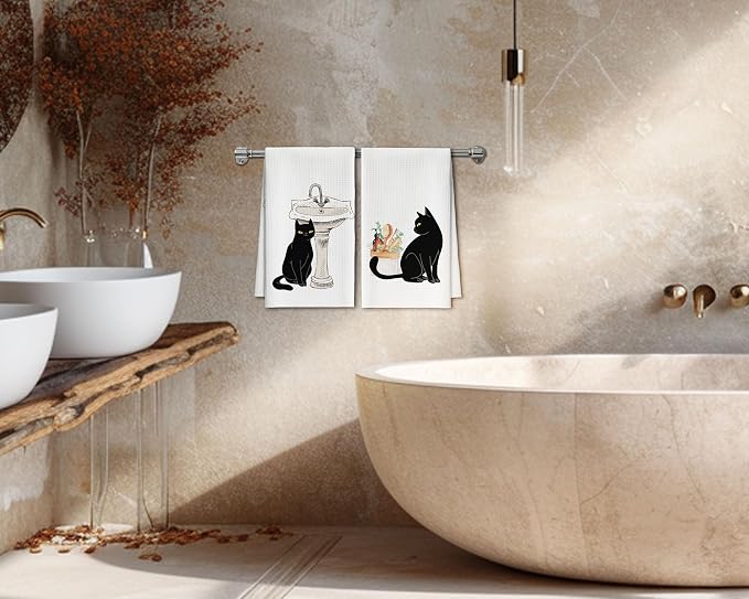 Bath Towels Set of 2, Cute Funny Black Cat Dish Towel for Bathroom Spa Kitchen, Decorative Hand Towels, Fast Drying Tea Towel, Housewarming Xmas Gifts for Cat Lover Women Mom -B27