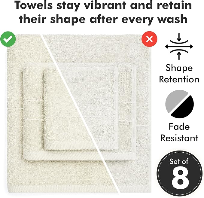 Bath Towels Set of 8 – 100% Ring Spun Cotton (Ivory) Bathroom Towel Set Bale Includes 2 Bath, 2 Hand, 4 Face Towels – 550 GSM Soft, Absorbent & Quick Dry Towel for Bathroom, Spa, Kitchen, Hotel Use