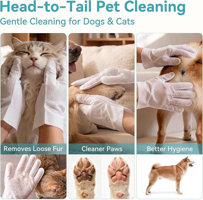 Extra Thick Pet Glove Wipes for Dogs Cats, Double Moisture No-Rinse Deodorizing Grooming Gloves for Paws, Body, Ears & Eyes, Hypoallergenic Dog Cleaning Wipes, Coconut Scent, 12 Count