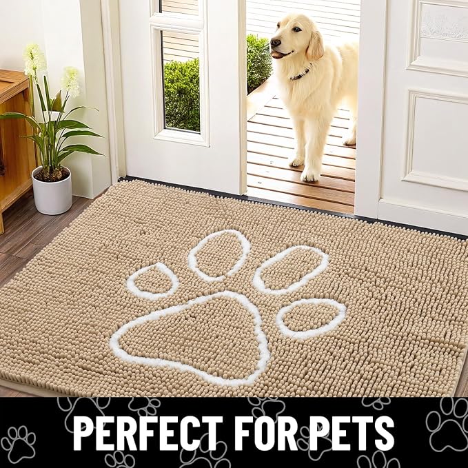 Smiry Dog Door Mat for Muddy Paws, Absorbent Dirt Trapper Non Slip Quick Dry Washable Chenille Mat for Mud Dogs, Entry Rug for Indoor and Outdoor (47x32 Inches, Beige and White)