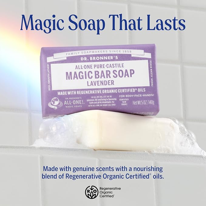 Dr. Bronner's Pure-Castile Magic Bar Soap - Made with Regenerative Organic Certified Oils - For Face, Body, Hair- Gentle on Sensitive Skin - Vegan Soap Bars for Men & Women - Lavender, 2 Pack, 5oz