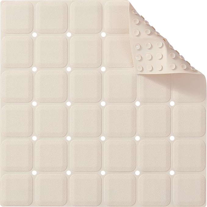 Webos Anti Slip Shower Mat for Tub & Shower Stall, 21" x 21" Square Silicone Bathtub Mat with Powerful Suction Cups, Fast-Draining, Machine Washable Soft Foldable Bathroom Mat, Beige