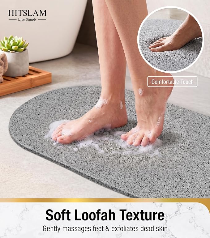 HITSLAM Oval Loofah Shower Mat Non Slip, 27x16 Inch, Grey | Bath Mat for Textured Tub & Inside Shower Stall, No Suction Cups Quick Drying PVC Porous Floor Mat, Soft Foot Exfoliating